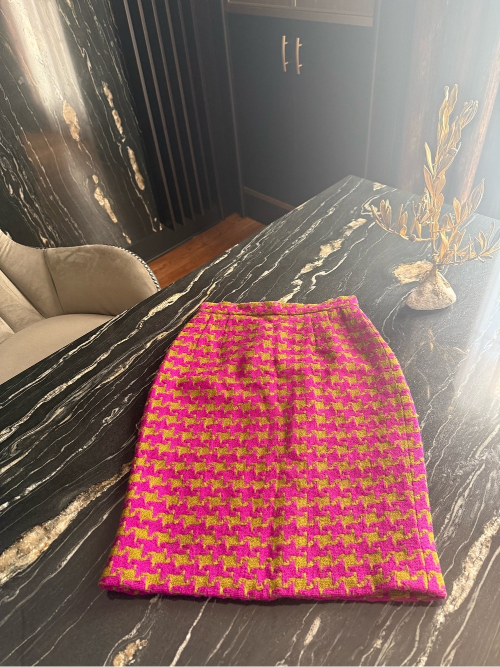 Valentino Garavani Pink and mustard - gold  Houndstooth Wool Blend Pencil Skirt